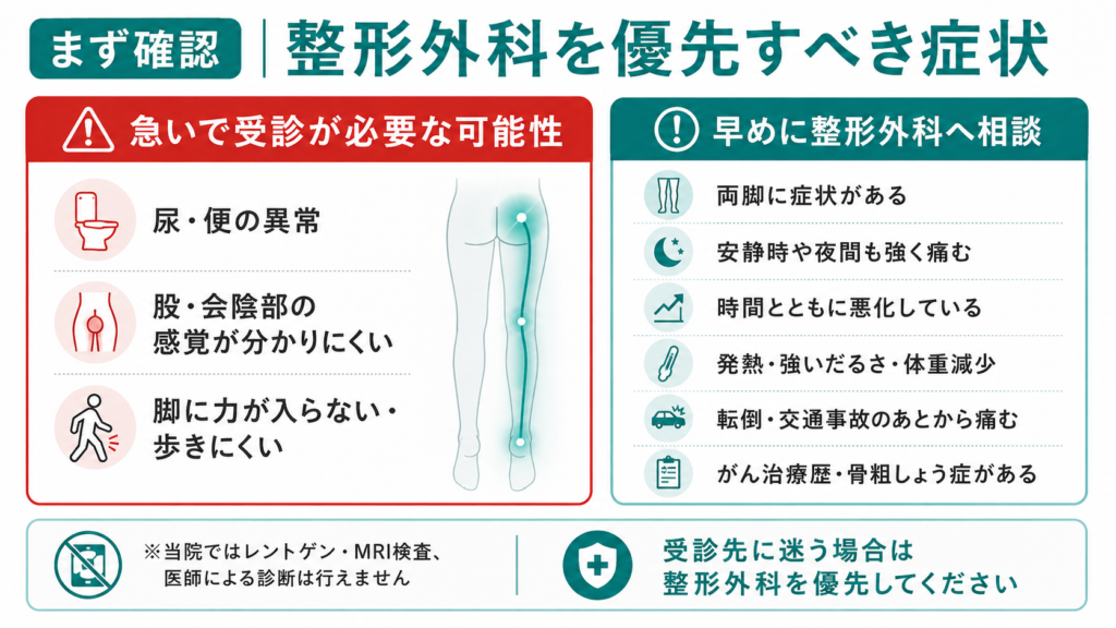 坐骨神経痛で整形外科を優先すべき排尿排便の異常・筋力低下・両脚のしびれなどの症状