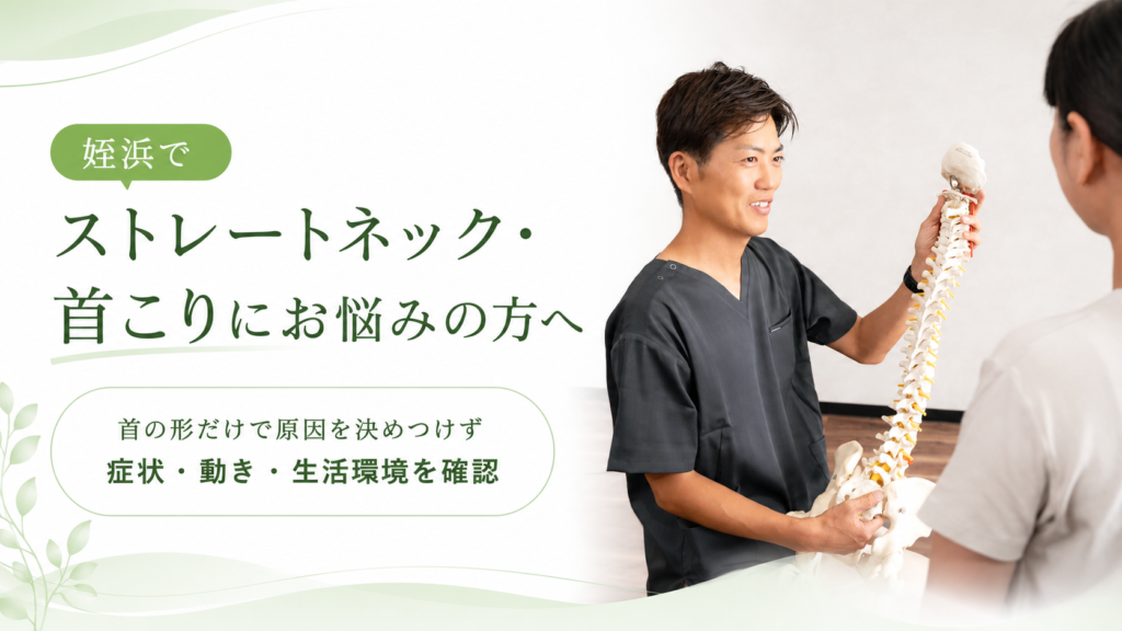 アーク鍼灸整骨院 姪浜院で脊柱模型を使ってストレートネックについて説明している様子