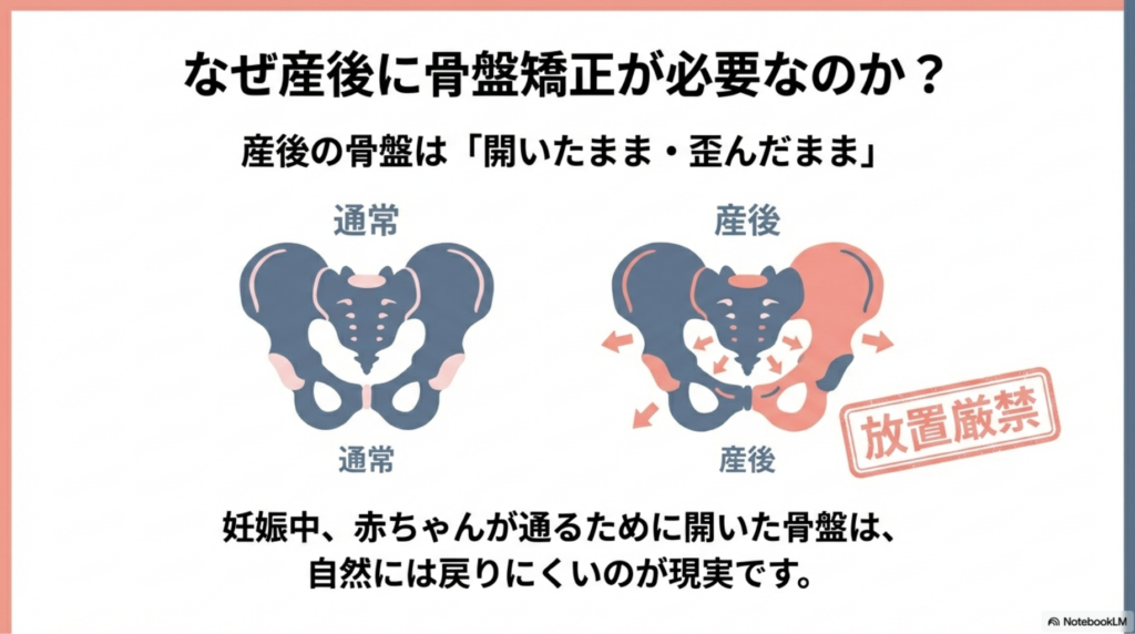 産後の骨盤の開きと歪みのメカニズム解説図