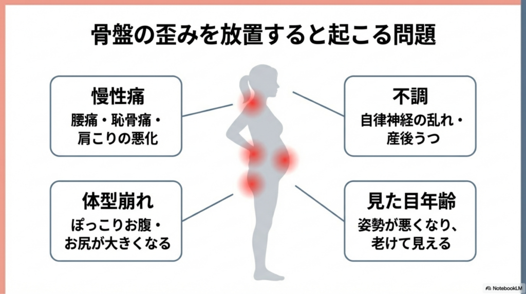 産後の骨盤の開きと歪みのメカニズム解説図