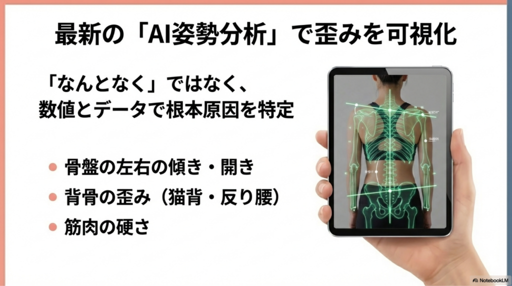 AI姿勢分析で骨盤の歪みを可視化する様子