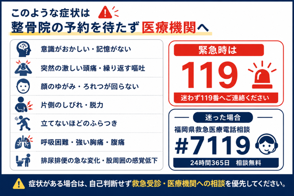 交通事故後に救急受診や医療機関への相談を優先する症状と119・福岡県#7119の案内
