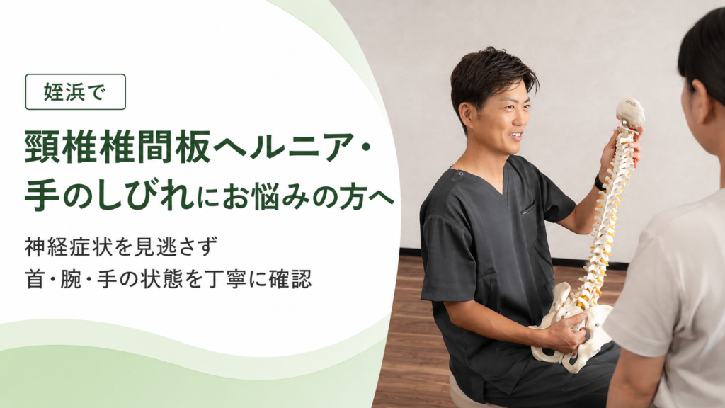 アーク鍼灸整骨院 姪浜院で脊柱模型を使い頸椎椎間板ヘルニアについて説明している様子
