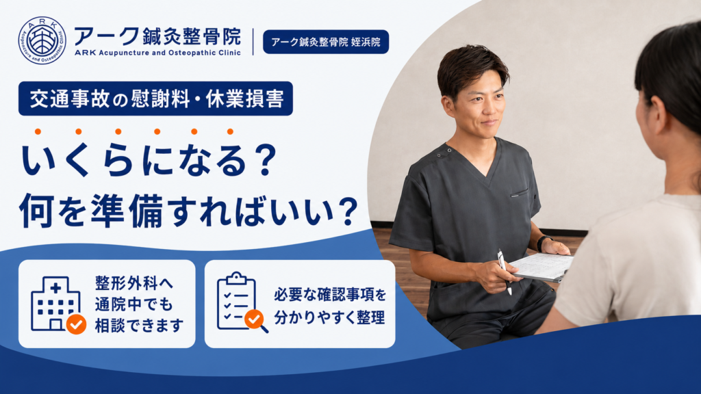 交通事故の慰謝料・休業損害について相談するアーク鍼灸整骨院 姪浜院の案内