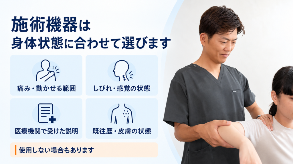 交通事故後の痛みや動かせる範囲を確認し施術機器を選ぶ様子