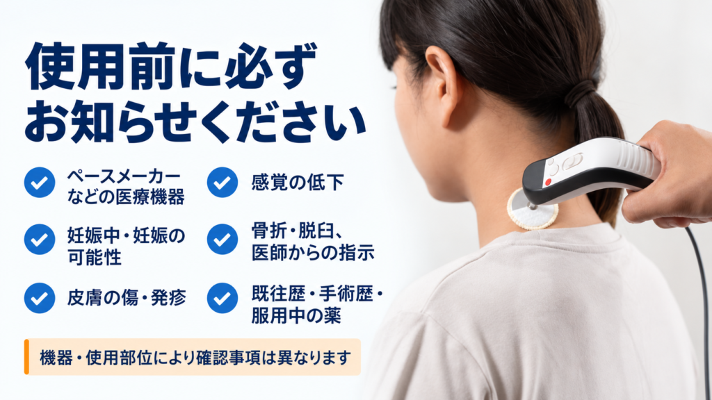 物理療法機器の使用前にペースメーカーや皮膚状態などを確認する項目