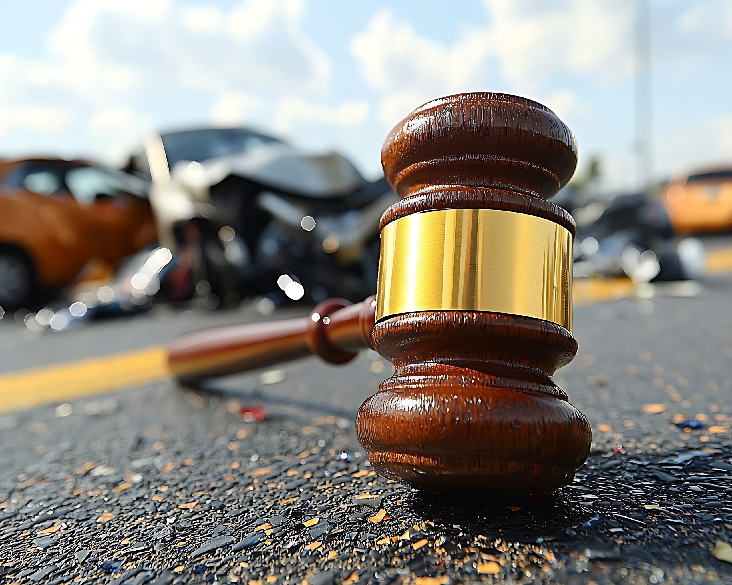 交通事故現場に置かれた木製の判決用ハンマー