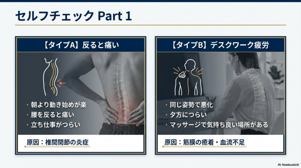 筋筋膜性腰痛（タイプB）の原因を示す筋膜の癒着イメージ図