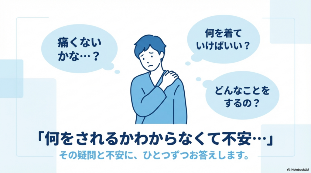 「整骨院に行ってみたいけど、何をされるかわからなくて不安…」
そんなお声をいただくことが少なくありません。初めて整骨院を訪れるとき、こんな不安を感じていませんか?
施術ってどんなことをするの?痛くない?
いくらかかるのか、行ってみないとわからないのは不安
どんな服装で行けばいいんだろう?