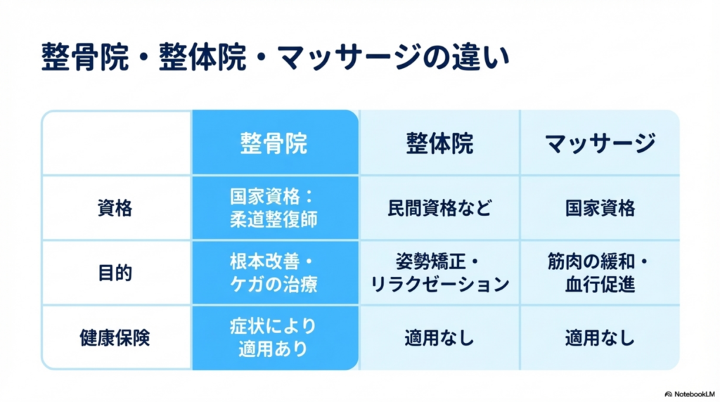 整骨院、整体院、マッサージの違い