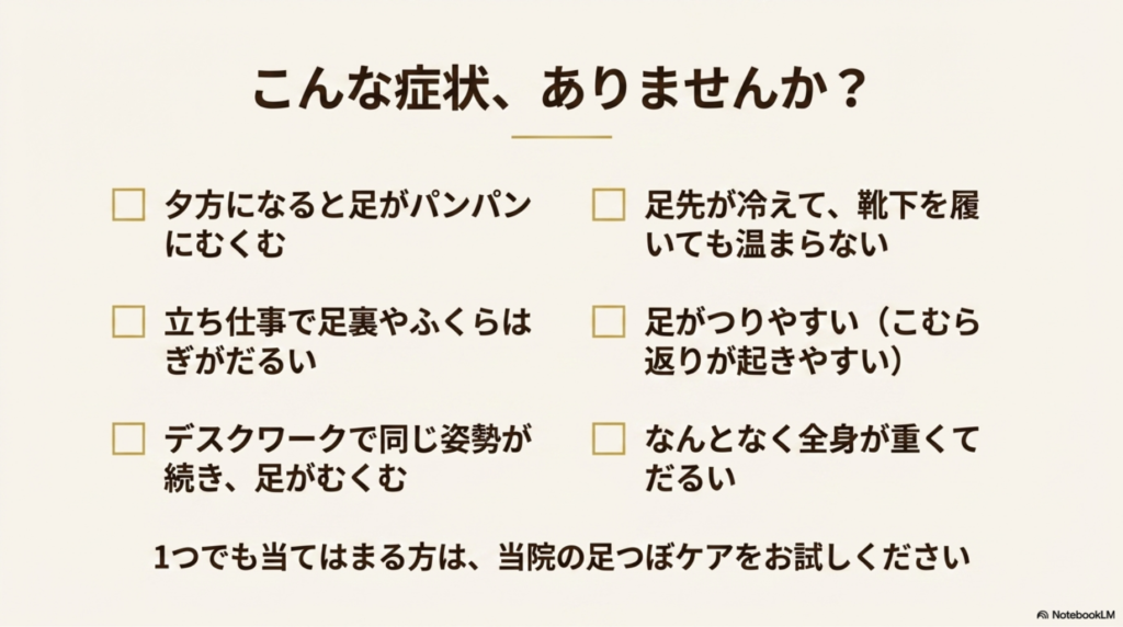 足の疲れやだるさ、こんな症状ありませんか？

・夕方になると足がパンパンにむくむ ・足先が冷えて、靴下を履いても温まらない ・立ち仕事で足裏やふくらはぎがだるい ・足がつりやすい（こむら返りが起きやすい） ・デスクワークで同じ姿勢が続き、足がむくむ ・なんとなく全身が重くてだるい