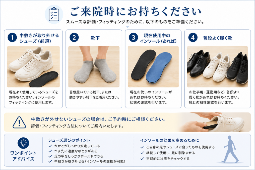 ご来院時の持ち物
中敷きが取り外せるシューズ（必須）

靴下

現在使用中のインソール（あれば）