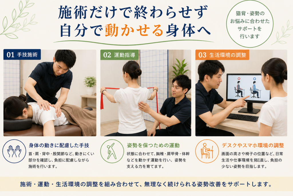 猫背や姿勢の悩みに対して手技と運動指導を行っている様子