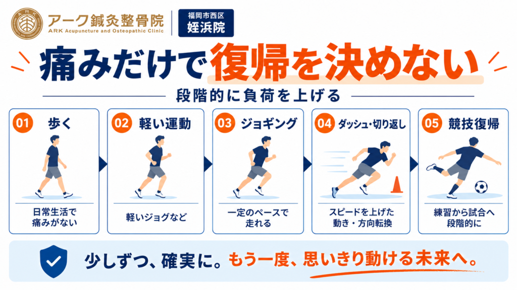 肉離れから歩行、軽い運動、ジョギング、ダッシュ、競技復帰へ段階的に負荷を上げる流れ