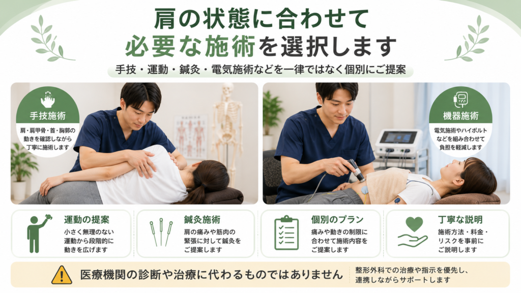 アーク鍼灸整骨院 姪浜院で肩周辺への手技施術と機器施術を行っている様子