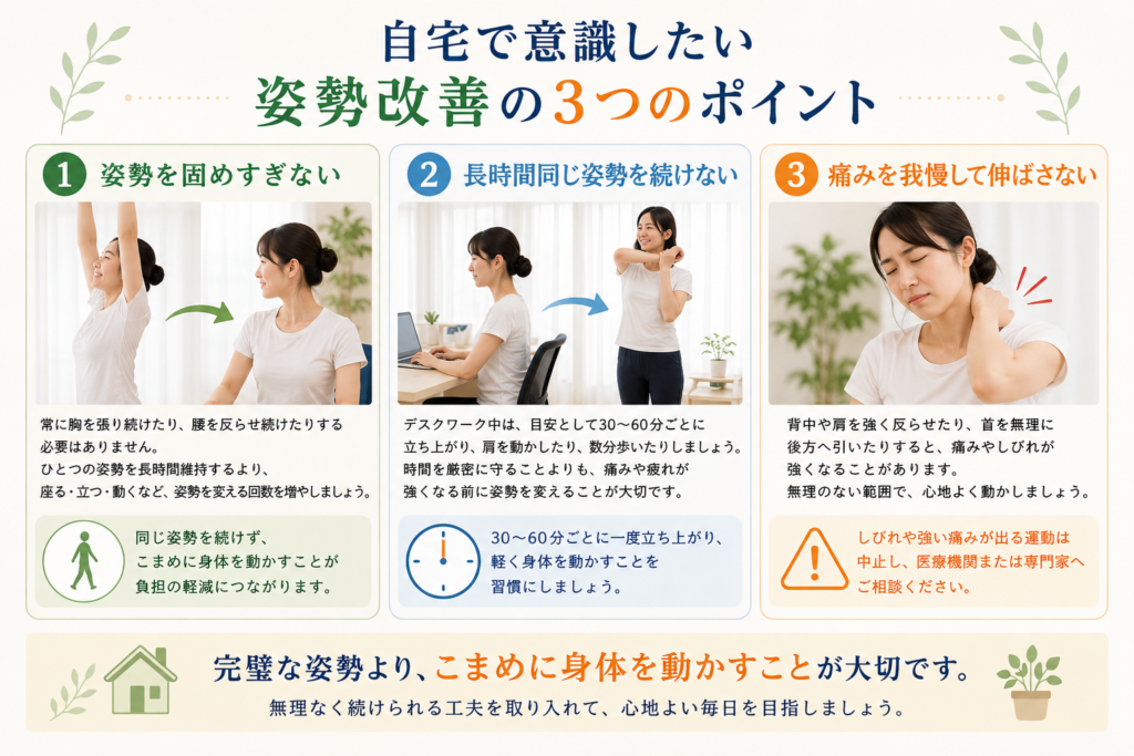 自宅で意識したい姿勢改善の3つのポイントをまとめた図