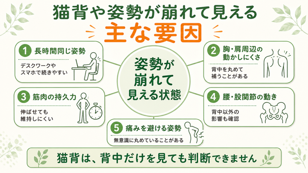 猫背や姿勢が崩れて見える主な要因をまとめた図
