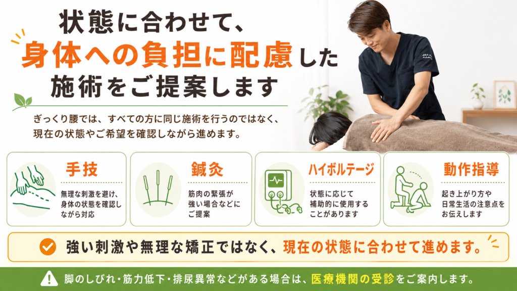 状態に合わせて、身体への負担に配慮した施術をご提案します