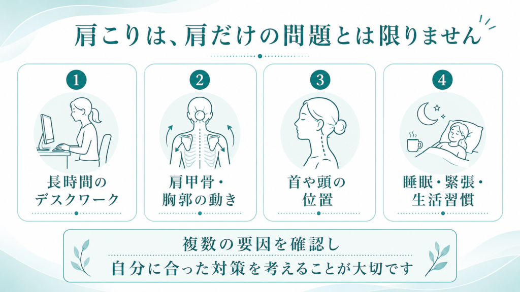 デスクワークや肩甲骨の動き、姿勢、生活習慣と肩こりの関係を示した図
