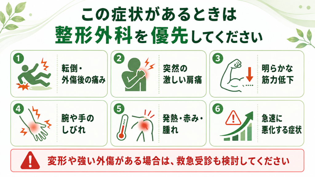 肩が上がらないときに整形外科を優先すべき外傷、激痛、筋力低下、しびれの一覧