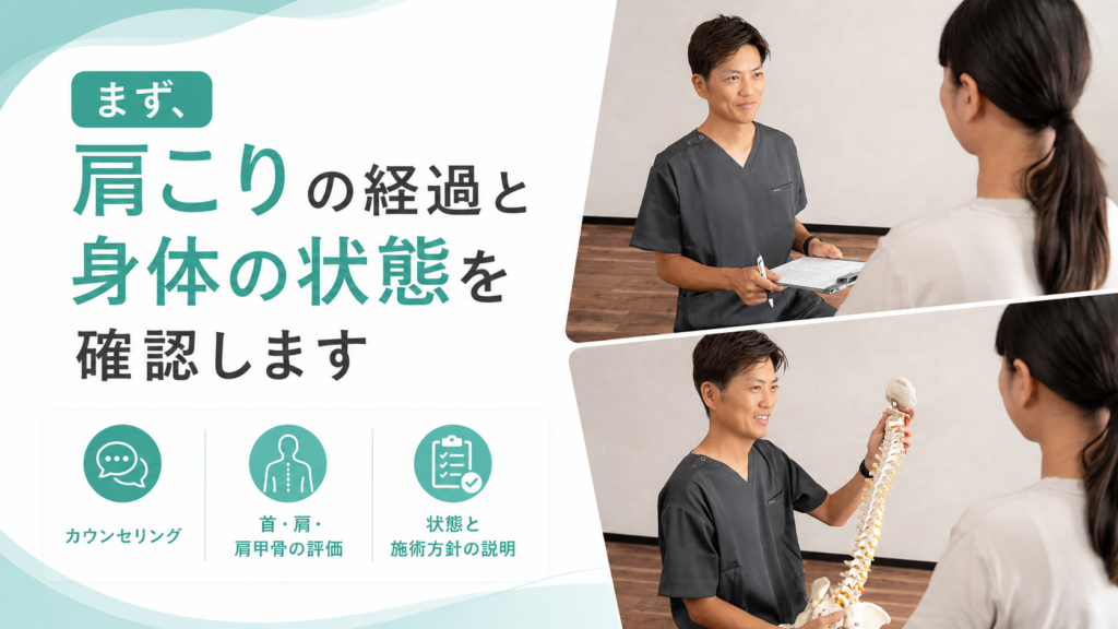 アーク鍼灸整骨院 姪浜院で肩こりのカウンセリングと身体の説明をしている様子