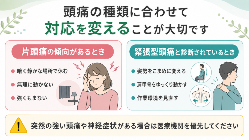 片頭痛と緊張型頭痛で異なるセルフケア方法を示した図