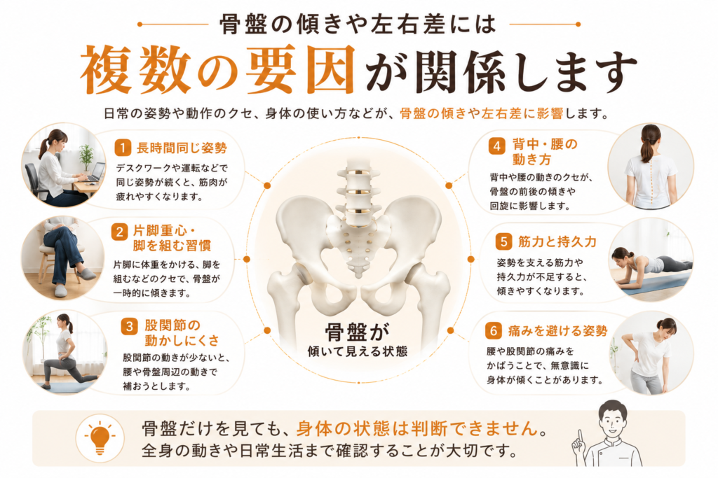 骨盤の傾きや左右差に関係する姿勢・股関節・筋力などの要因をまとめた図