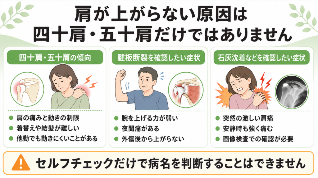 四十肩・五十肩と肩腱板断裂、石灰沈着性腱板炎の違いを示した図