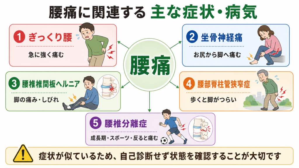 ぎっくり腰や坐骨神経痛など腰痛に関連する症状と病気をまとめた図