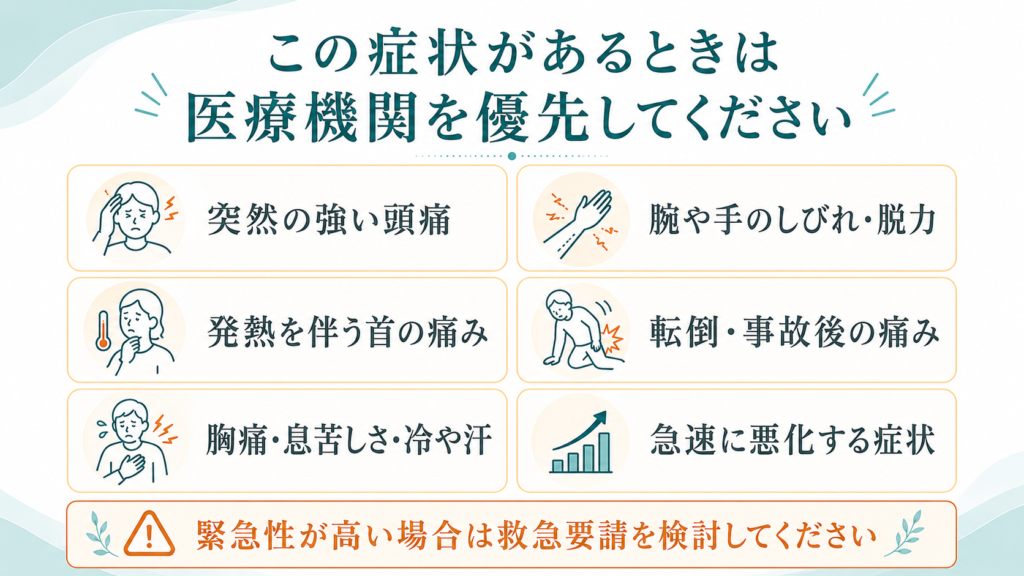 肩こりや首の痛みで医療機関を優先すべき症状の一覧