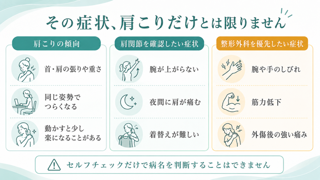 肩こりと肩関節疾患、頸椎疾患の症状の違いを示した図