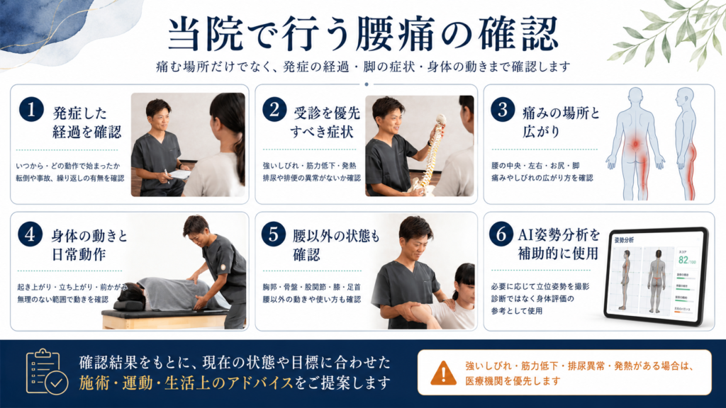 アーク鍼灸整骨院姪浜院で腰痛に対する手技と運動指導を行っている様子