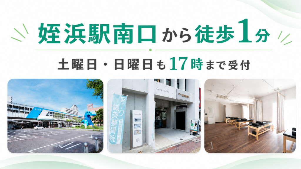姪浜駅とアーク鍼灸整骨院 姪浜院の建物入口、明るい院内の様子