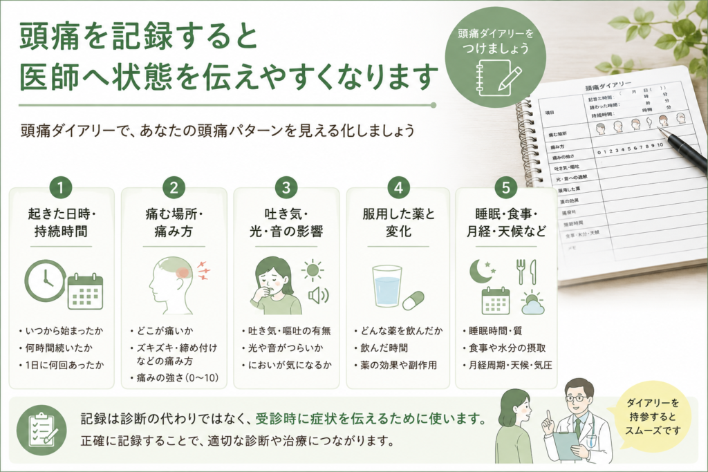 頭痛ダイアリーへ記録したい日時、痛み方、随伴症状、服薬、生活状況の一覧