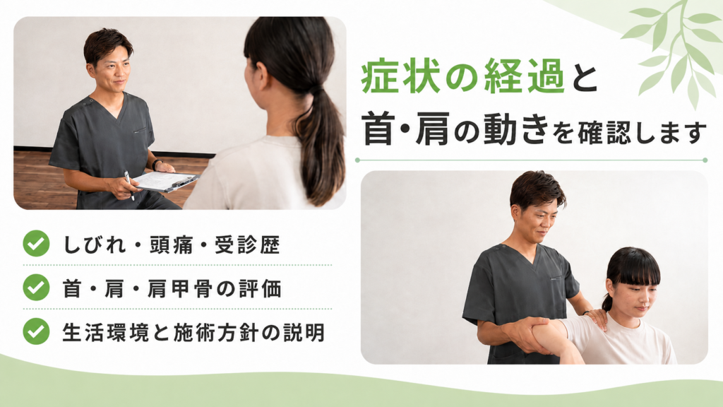 アーク鍼灸整骨院 姪浜院でストレートネックの相談と首肩の動きを確認している様子