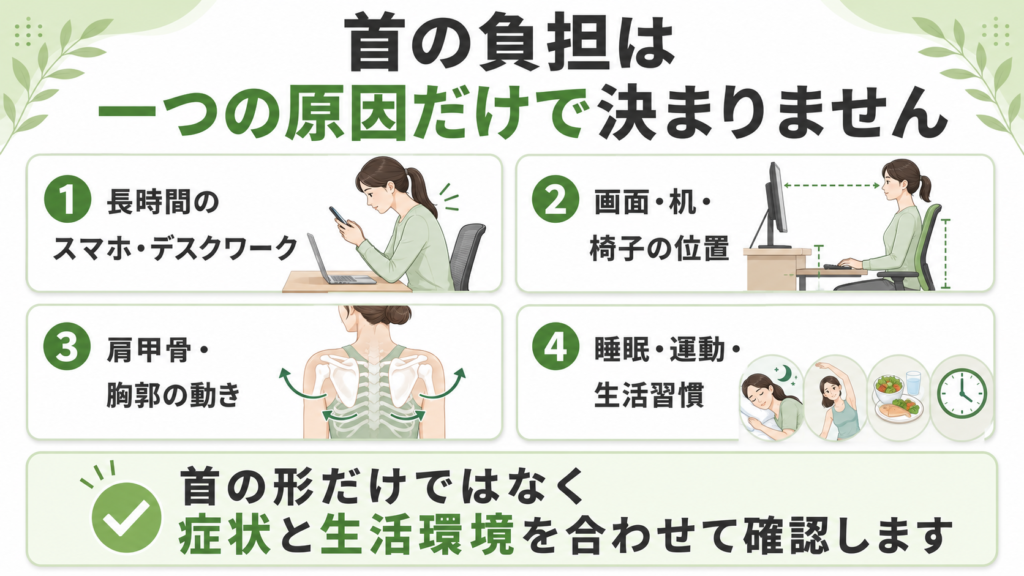 スマートフォン、デスク環境、肩甲骨の動き、生活習慣と首の負担の関係を示した図