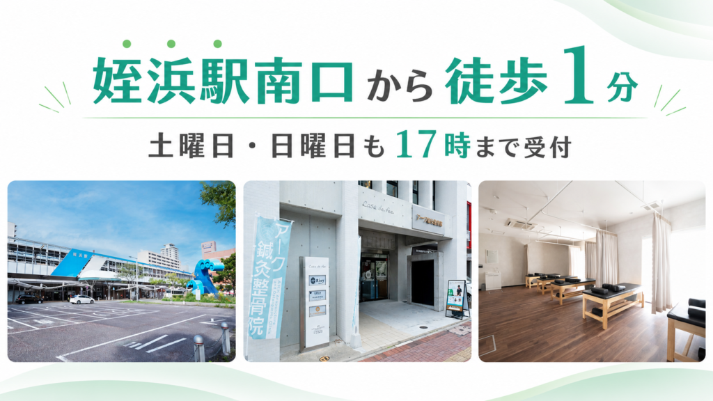 姪浜駅とアーク鍼灸整骨院 姪浜院の建物入口、明るい院内の様子