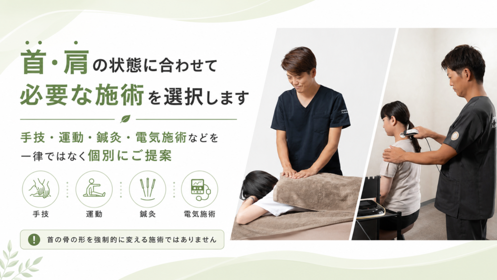 アーク鍼灸整骨院 姪浜院で首肩への手技施術と電気施術を行っている様子