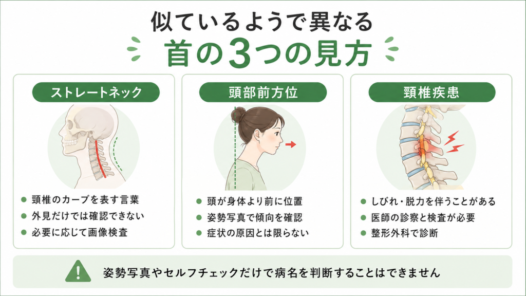ストレートネックと頭部前方位、頸椎疾患の違いを示した比較図