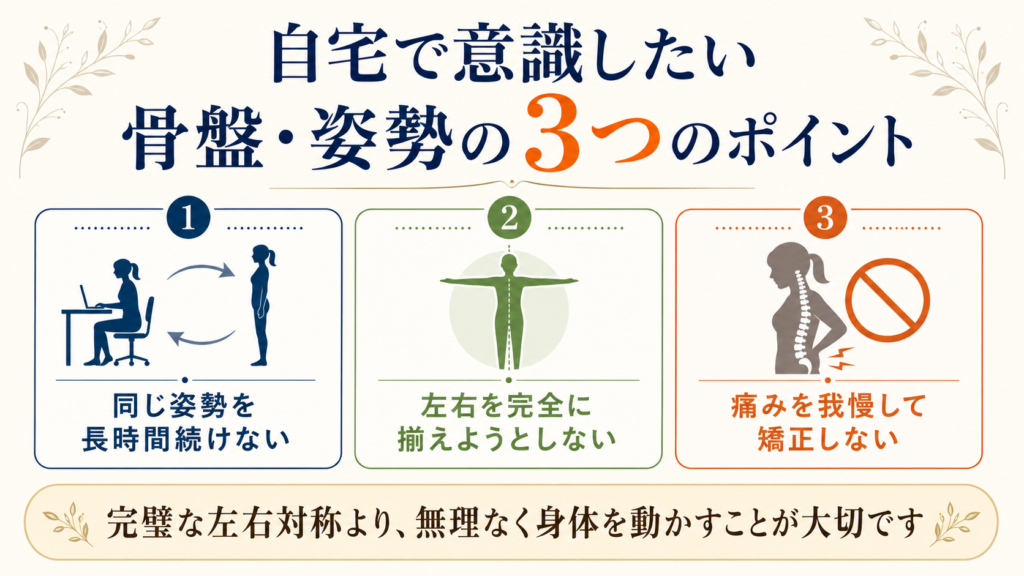 自宅で意識したい骨盤と姿勢の3つのポイントをまとめた図