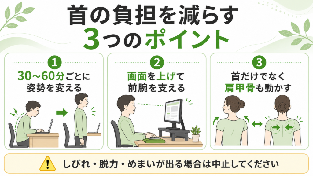 ストレートネック対策として姿勢変更、画面調整、肩甲骨運動を示した図