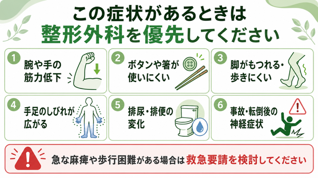 頸椎椎間板ヘルニアで整形外科を優先すべき筋力低下、手先の不器用さ、歩行障害の一覧