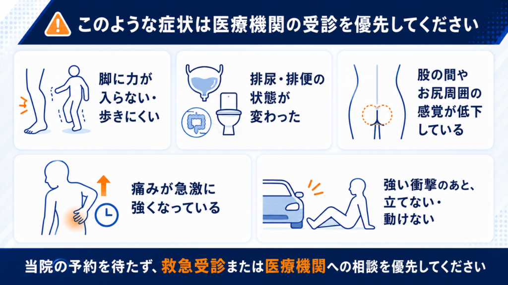 交通事故後の腰痛で医療機関への受診を優先したい脚の脱力や排尿排便障害などの症状