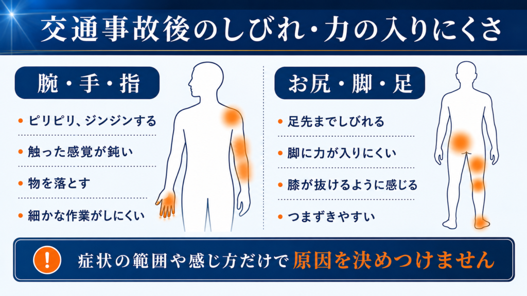 交通事故後に腕や手指、お尻から脚や足へ現れるしびれと力の入りにくさの例
