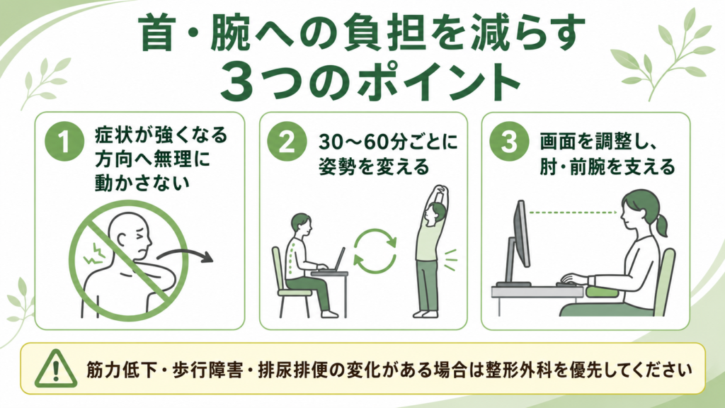 頸椎椎間板ヘルニアで首を無理に動かさず姿勢変更と前腕支持を行うポイントを示した図