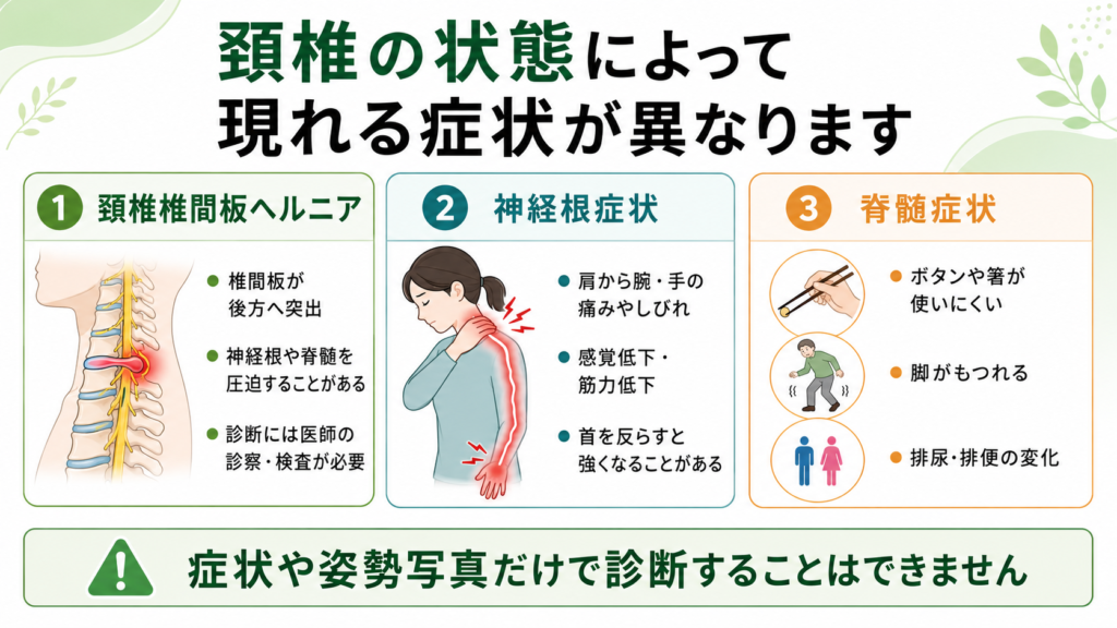 頸椎椎間板ヘルニアと神経根症状、脊髄症状の違いを示した図