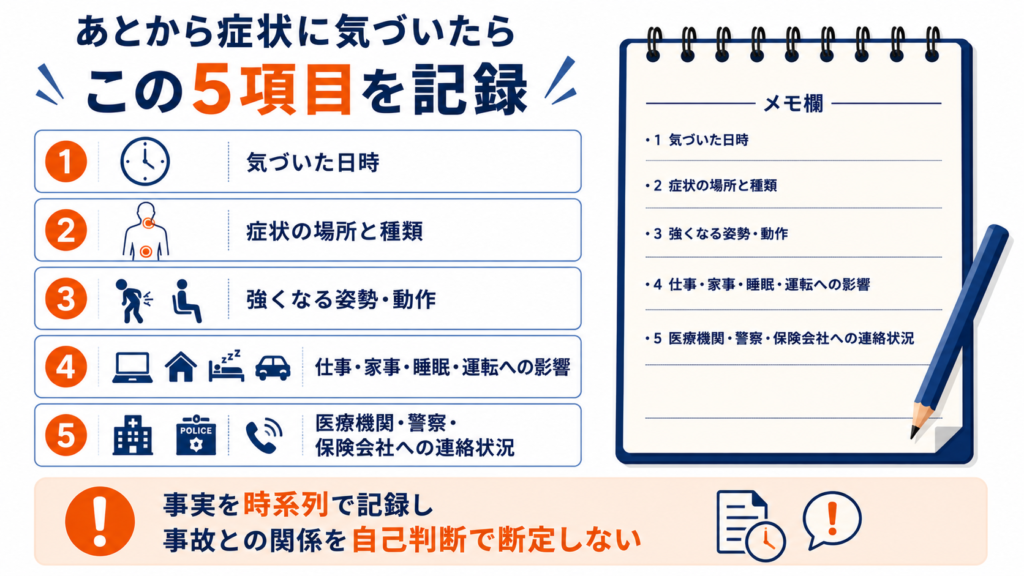 交通事故後にあとから症状へ気づいたとき記録する日時、場所、動作、生活への影響