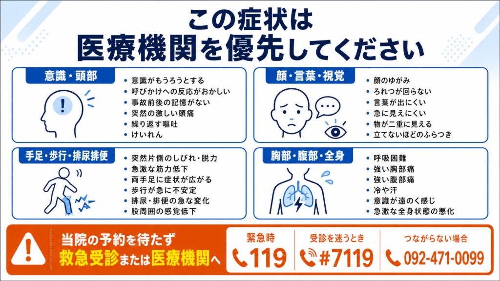 交通事故後に強い頭痛や嘔吐、麻痺、意識障害などがある場合は医療機関を優先する案内
