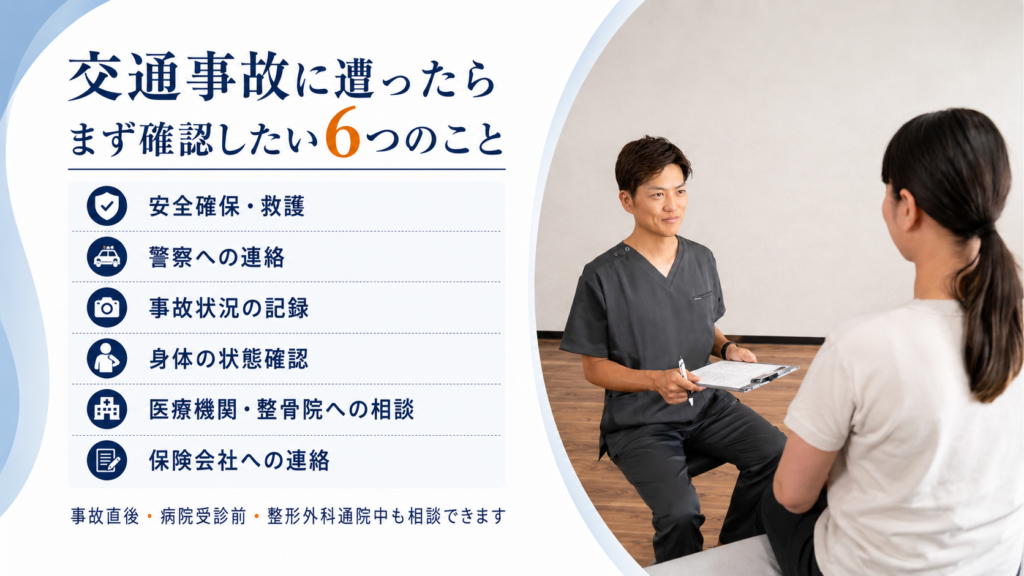 交通事故に遭った直後に確認したい6つのことを案内するアーク鍼灸整骨院 姪浜院