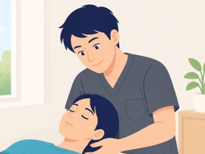整骨院で首の施術を受ける女性のイラスト